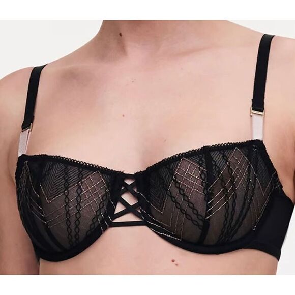 Chantelle NWT Women’s Memento Lace Unlined Demi Bra Black/Pink Lurex 34B - Picture 5 of 6